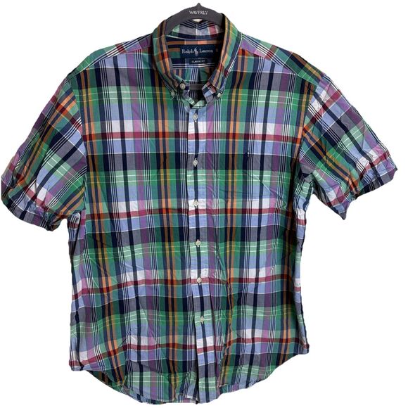Ralph Lauren S/S Button Front Classic Shirt Blue Green Red Plaid L Preppy Summer - Picture 1 of 6
